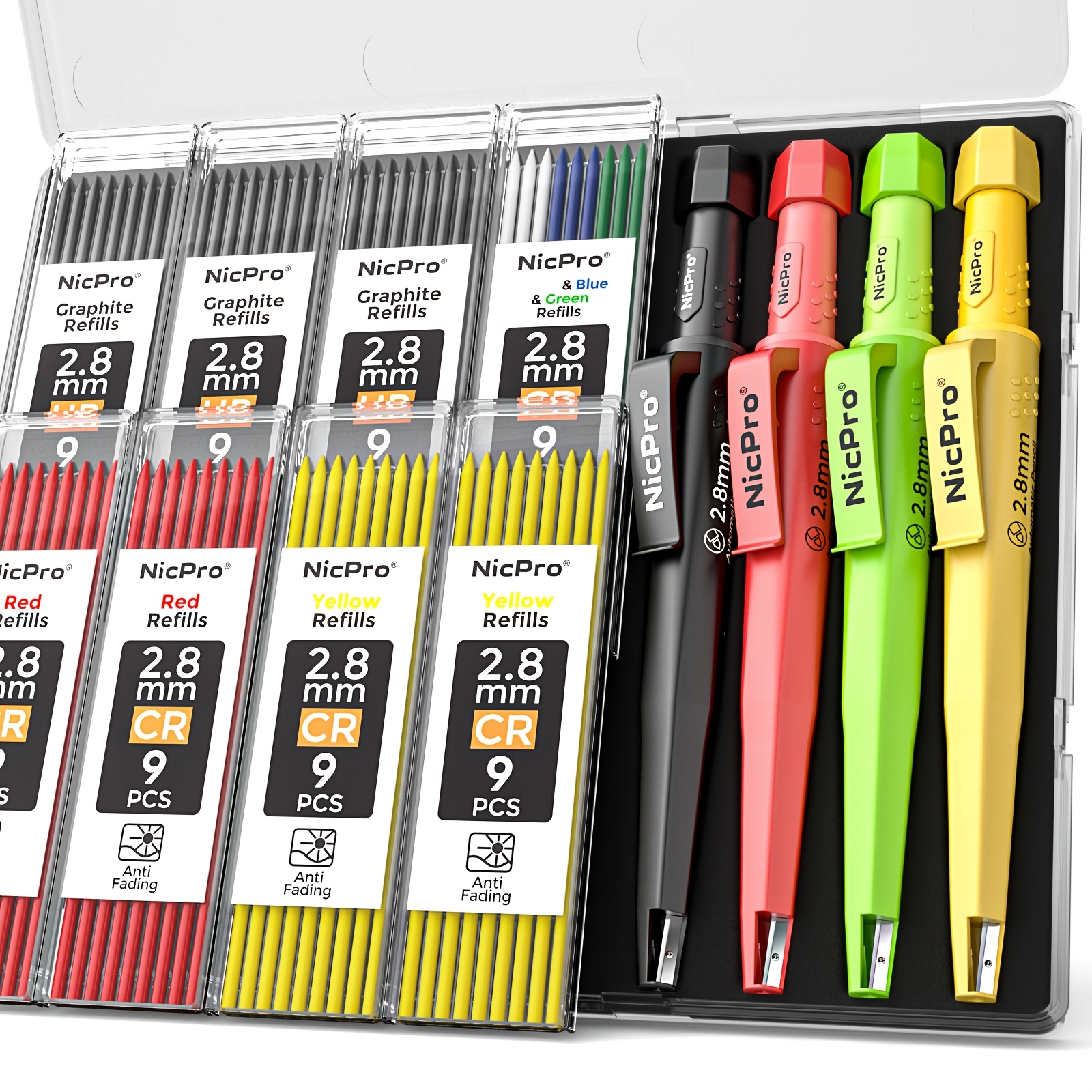 Carpenter Pencil Set, 4pcs Mechanical Pencil Set With 72 Refills, Heavy Duty Construction Pencil, Carpenter Tools For Working Marking (red, Black, Yellow, Green)