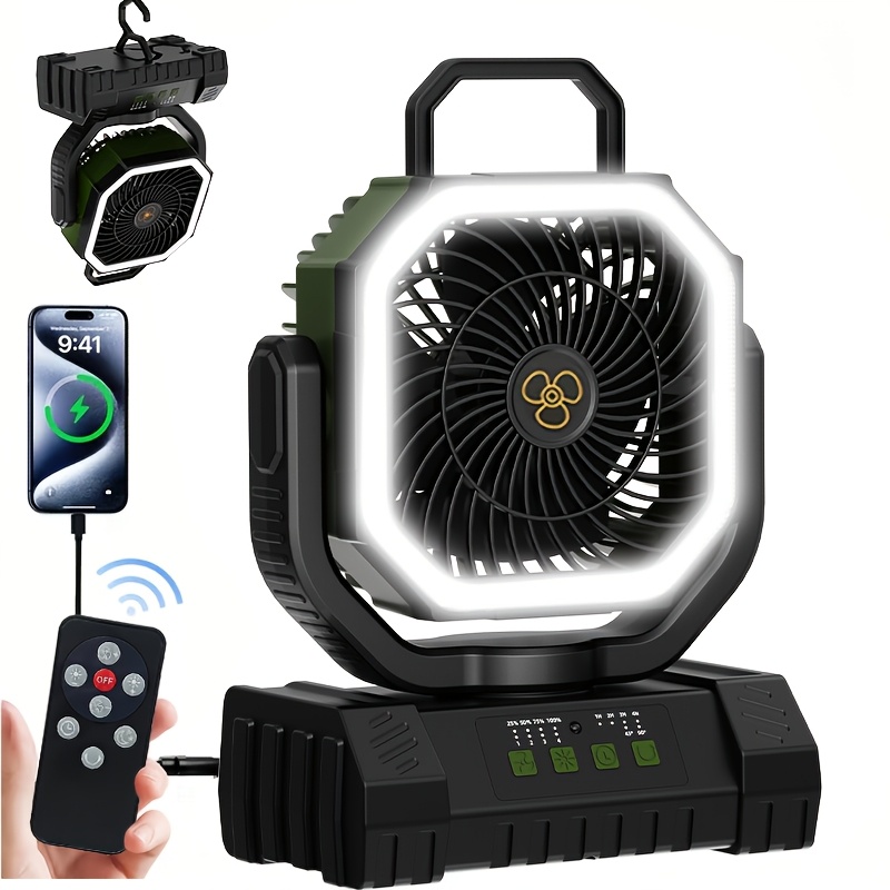 20000mah battery powered camping fan 59h max cooling rechargeable battery operated oscillating floor fan with charger remote hook   strong airflow 3 brightness levels portable for tent outdoor patio garage   outage
