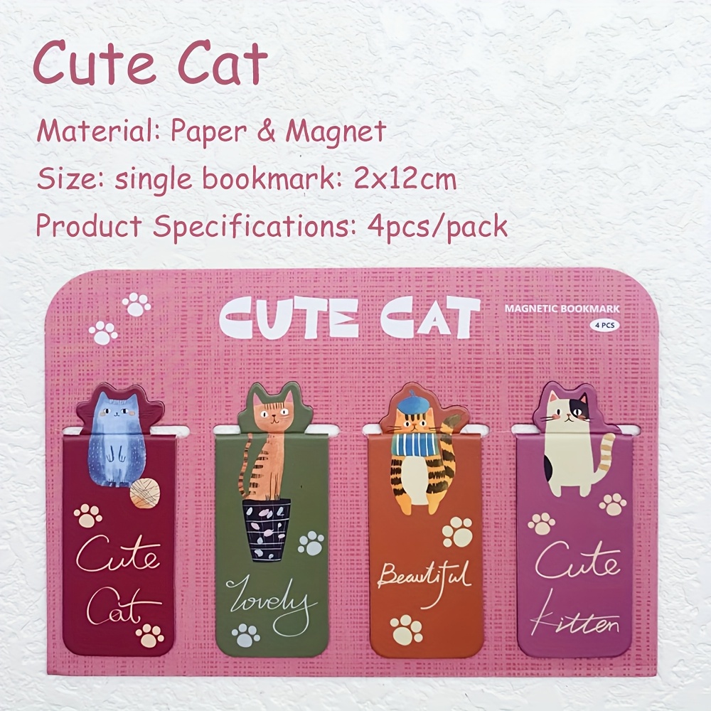 E-shop 4 Stück Niedliche Cartoon-Katzen Magnet-Lesezeichen für Bücher, Seitenmarkierungen, DIY Ästhetische Kreative Lesezeichen, Bürobedarf
