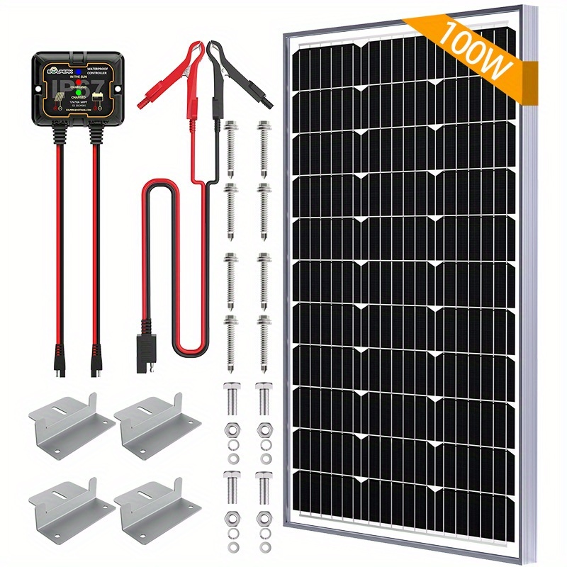 TEMU 100w Solar Battery Charger Solar Battery Maintainer And Upgrade 10a Mppt Charge Controller And Adjustable Mount Bracket For Car Rv Boat Motorcycle, 12v Solar Panel Kit Charging, Without Battery