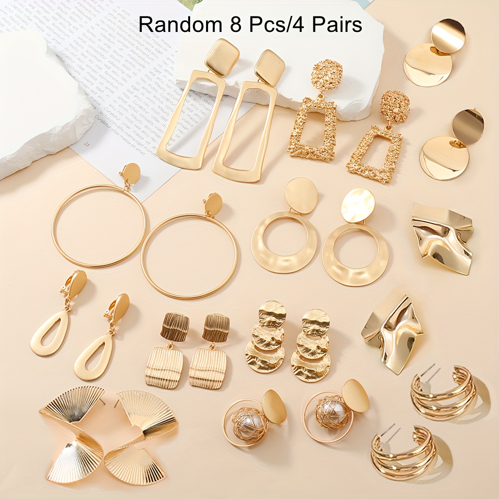 TEMU Juego aleatorio de 8 piezas/4 de aretes con geométrico irregular metálico para mujer, adecuados para casual y fiestas.