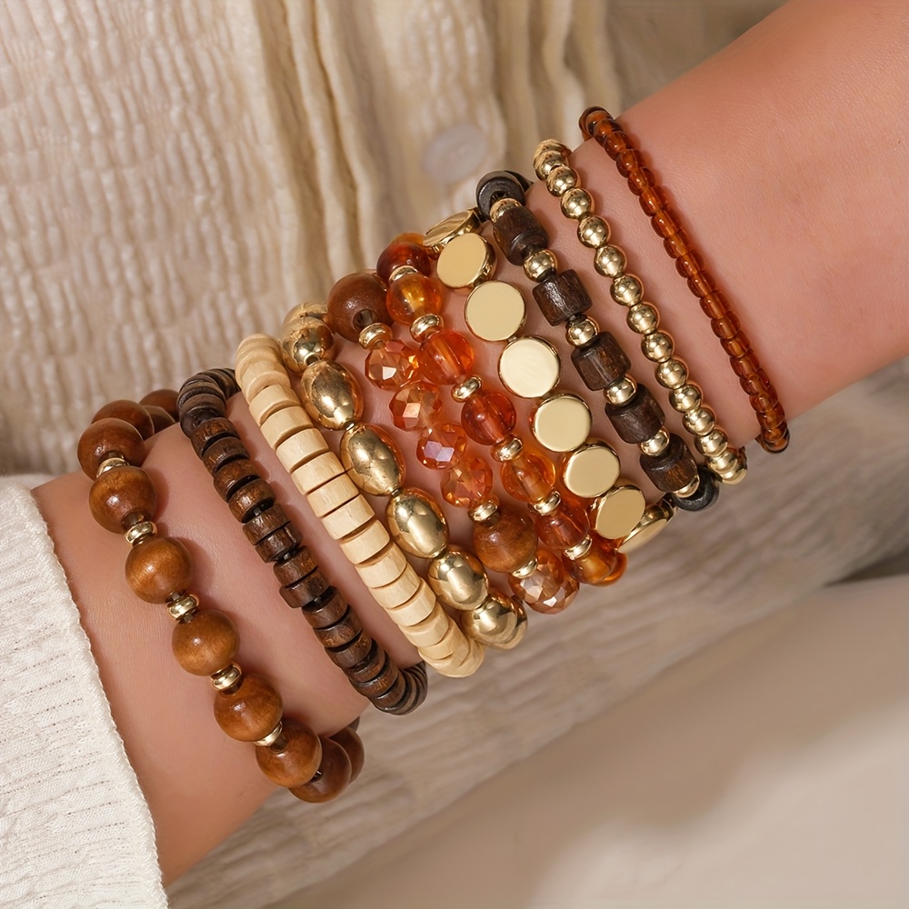 Boho Beaded Bracelet Set - Acrylic & Wooden CCB Bangles Stackable