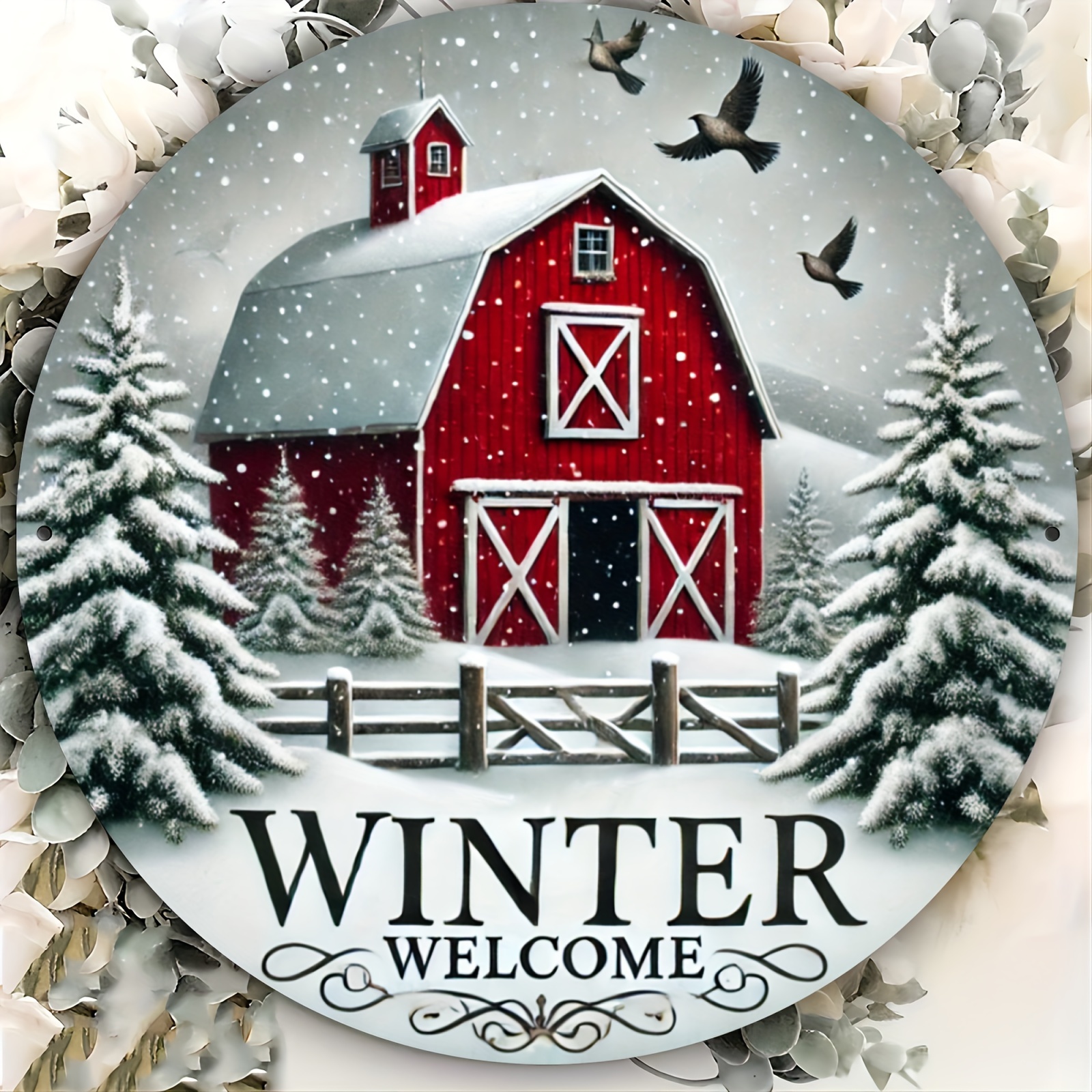 

Aluminum Sign - 1 Piece, Waterproof & Fade-resistant Round Metal Wall Decor - Red Barn & Snow Scene, Farmhouse Door Porch Bedroom Decorative Art, Ideal For Seasonal Gifts - 8x8 Inch