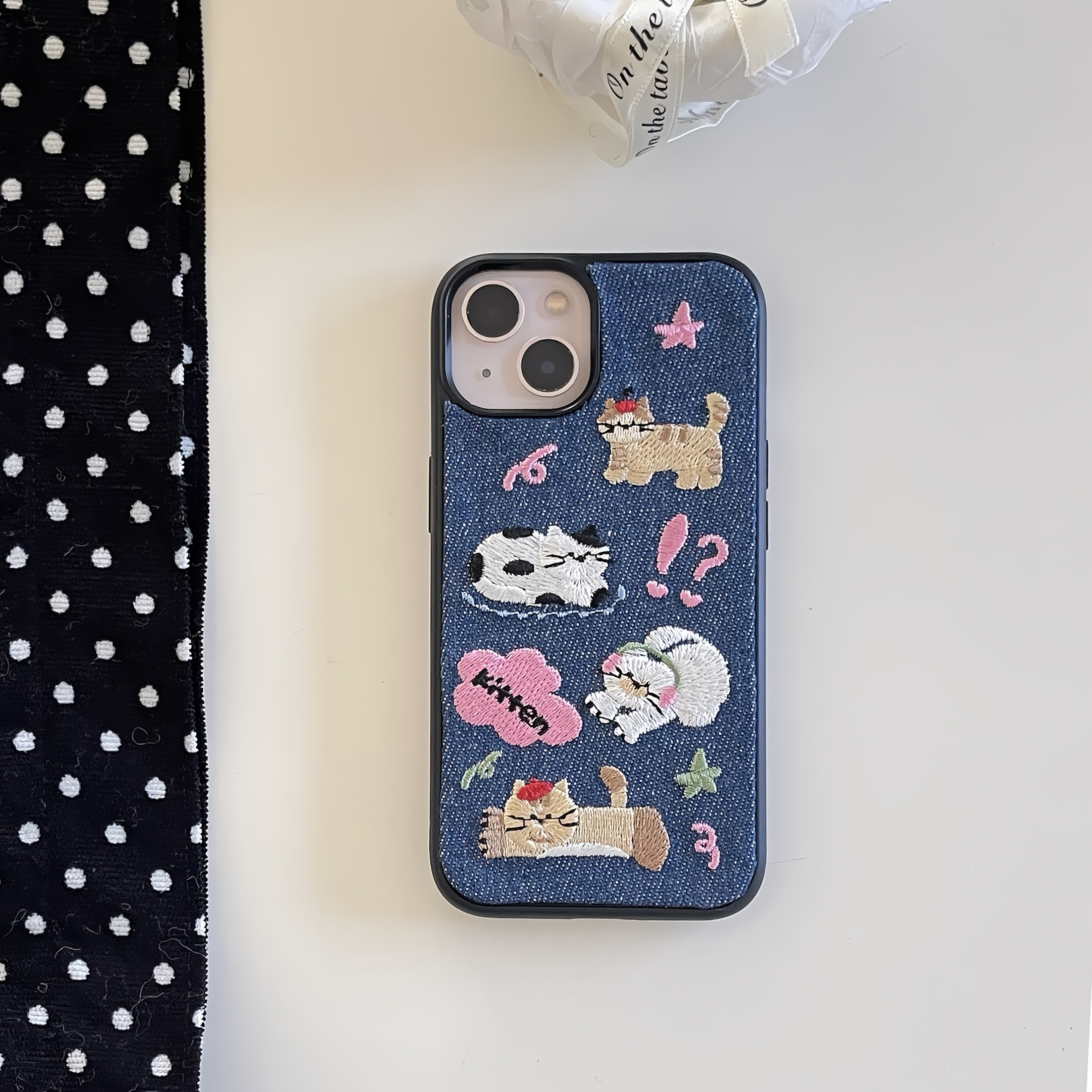 TEMU Phone Case: Niche Denim Embroidery Series, Colorful Polka Dot Embroidered White Kitten, Bow Full-cover Phone Case, Compatible With Iphone