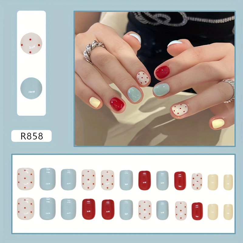 Wearable Nail Art Cute Polka Dot Detachable Short Square Fake Nails Retro Nail Stickers 24pcs
