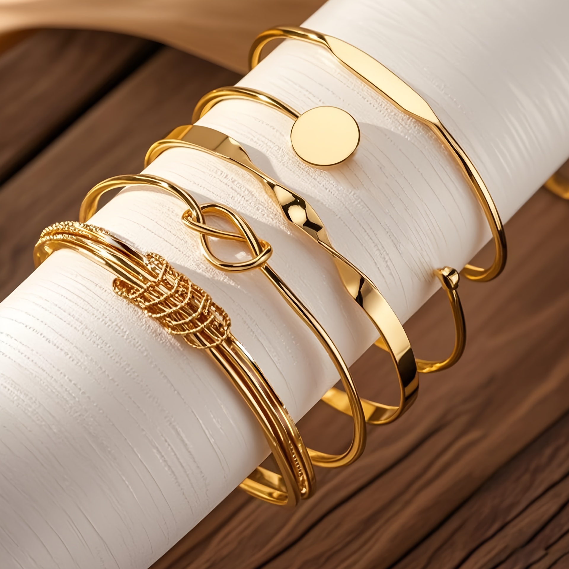 5pcs Vintage Wide Bracelet Set, Minimalist Geometric Open Beaded Golden Polished Bangle Jewelry Set