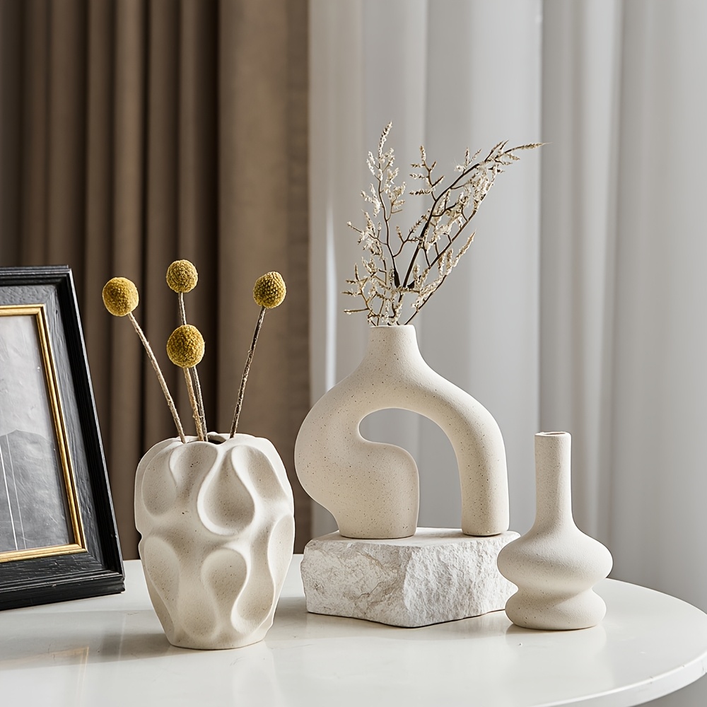 3pcs boho ceramic vase set modern   minimalist round donut shaped geometric pattern ideal for   decor living room entryway coffee table no battery required decorative gift details 0