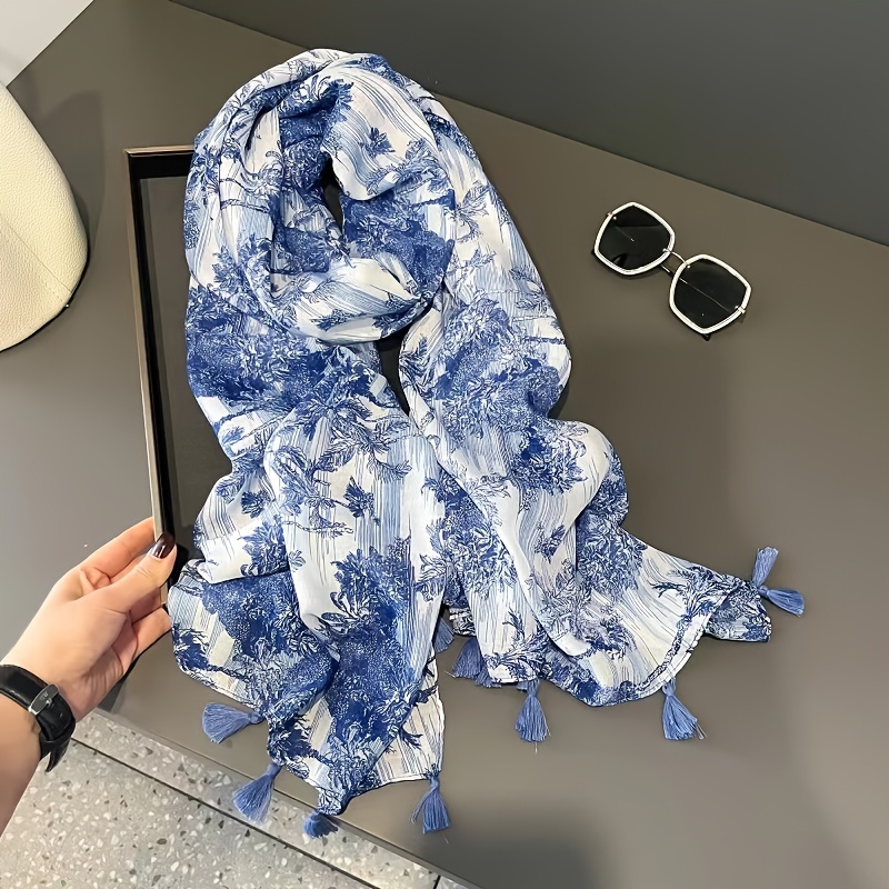 

Fashionable Blue And White Porcelain Print Scarf With Tassels - Polyester Weekend Casual Shawl, Breathable & , Vintage Chinese Style, Inelastic, Woven With Print