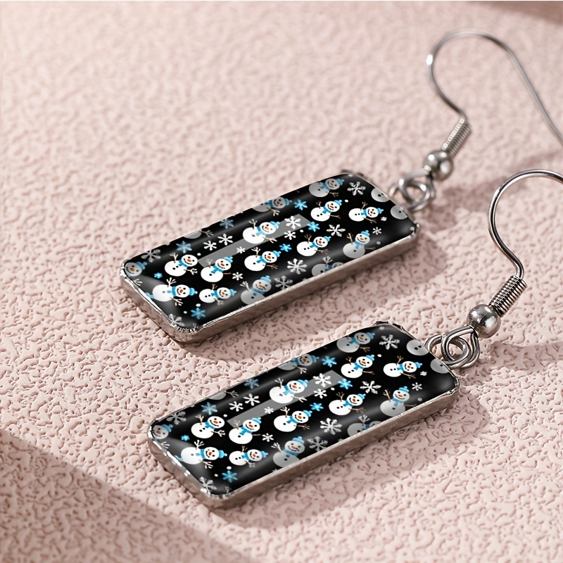 TEMU Christmas Romantic Snowflake Snowman Illustration Rectangular Hook Pendant Earrings Glass Jewelry Earrings Men's Jewelry Gifts