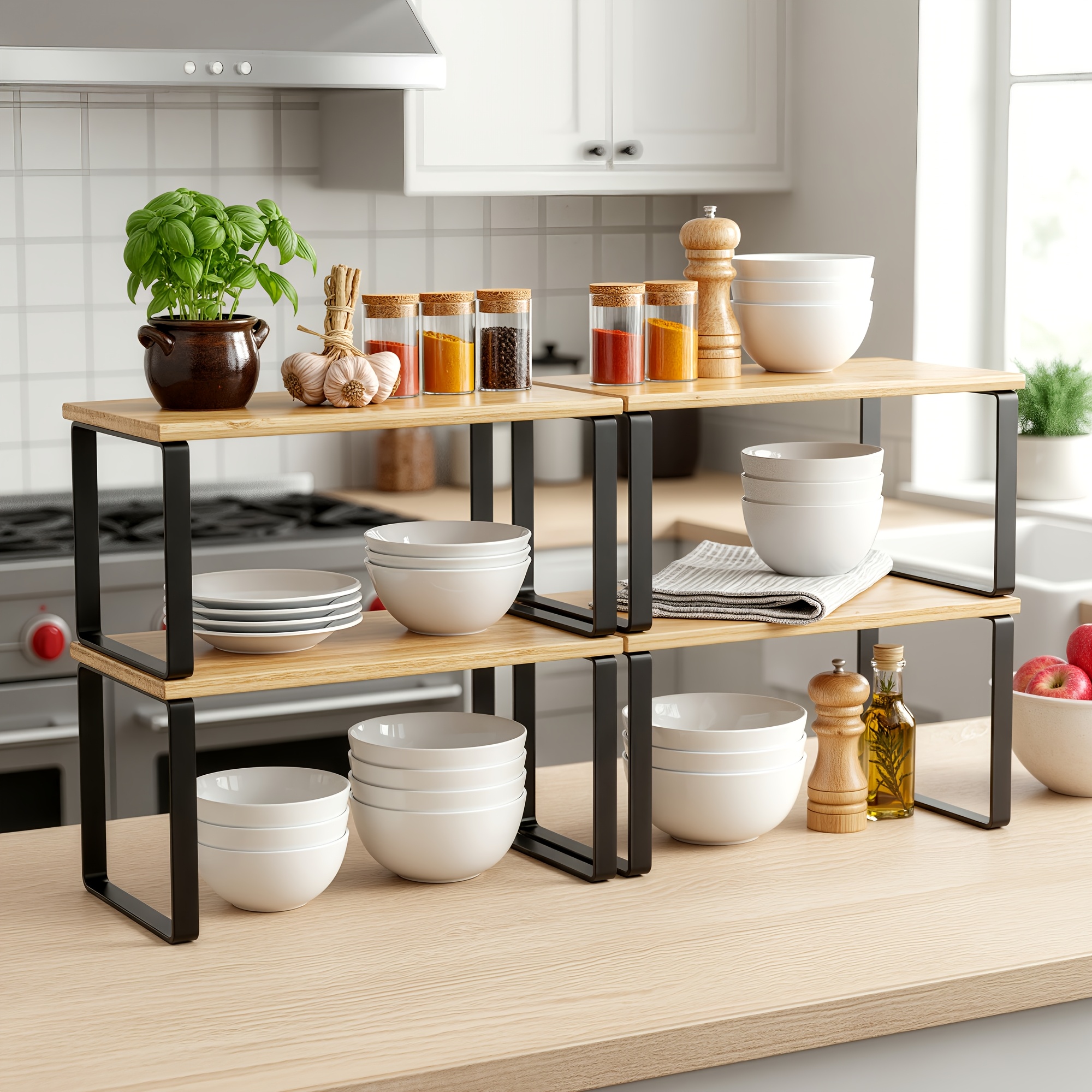 Pantry Shelf 4pcs Set, Stackable Spice Rack, Kitchen Organizer For Kitchen, Expandable, Metal Frame, Black And Beige