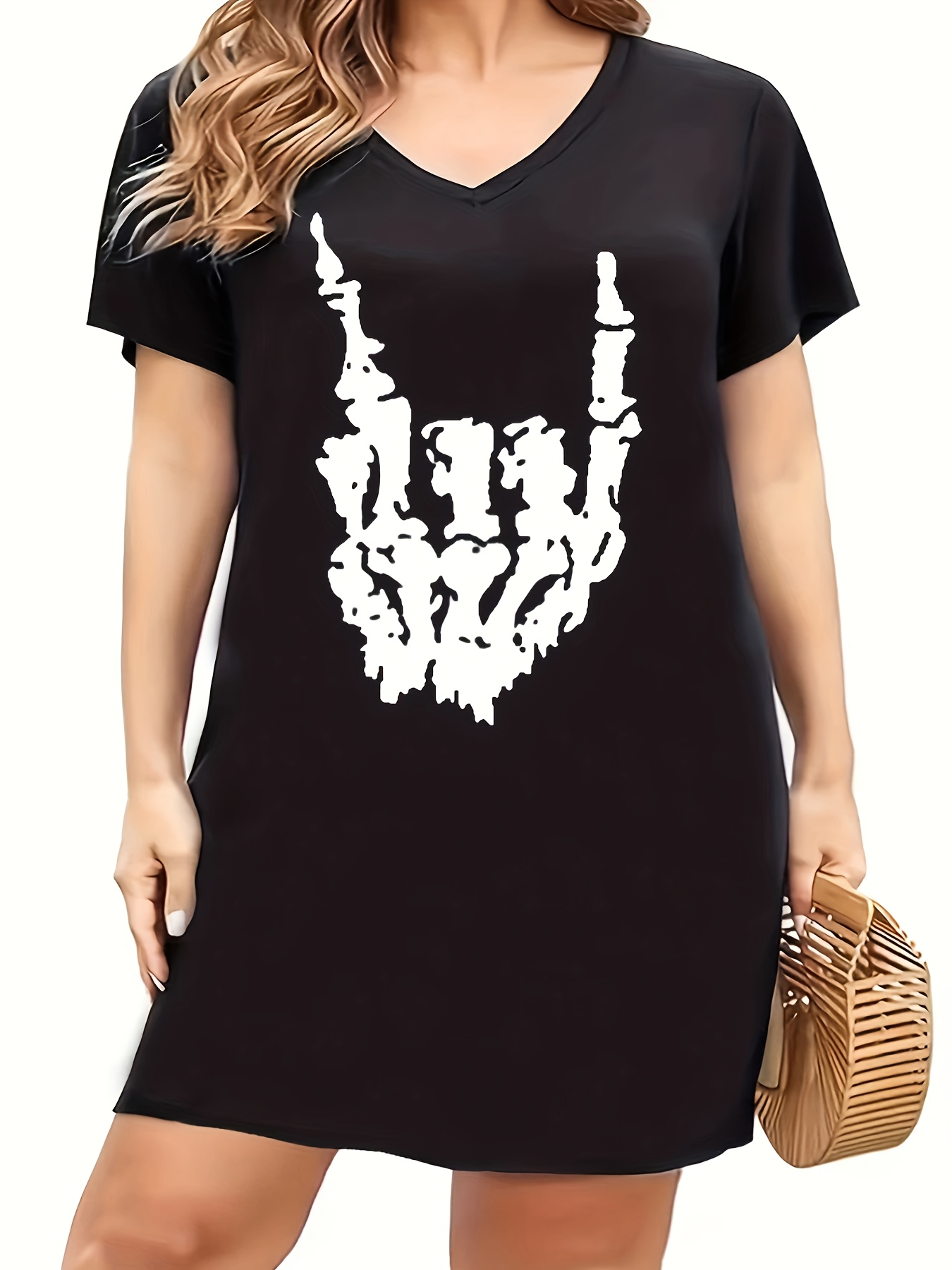 Plus Size Rock Roll Hand Gesture Print Tee Dress Casual Temu Germany