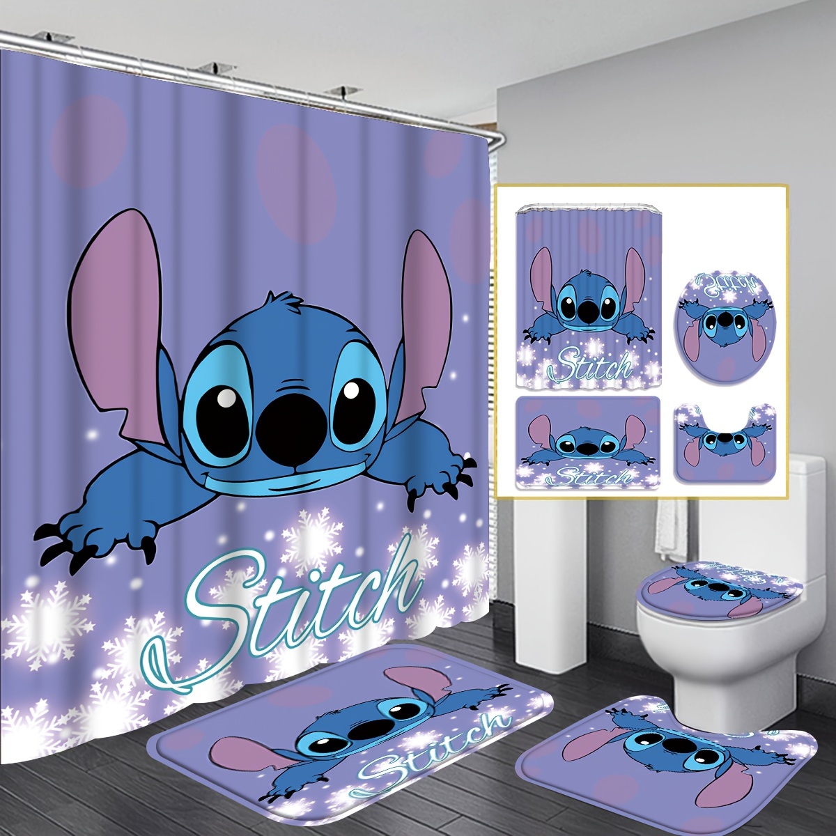 

1/4pcs Stitch Pattern Shower Curtain Set With Hooks, Waterproof Shower Curtain, Toilet Cover Mat, Non-slip Bathroom Rug, Water Absorbent Bath Mat, Bathroom Accessories, Home Decor