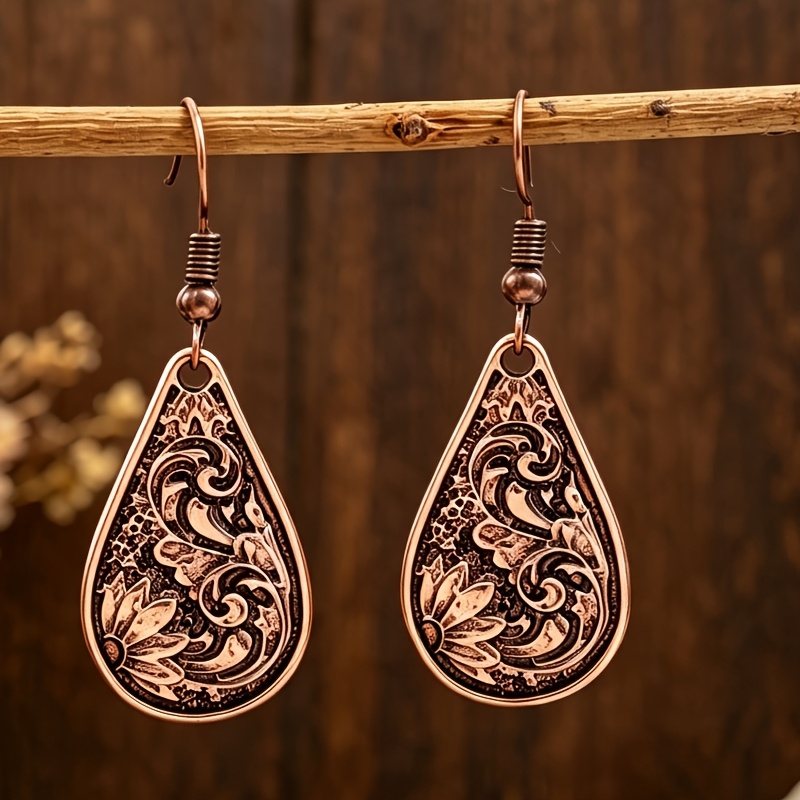 TEMU 1 Pair Bohemian Style Distressed Water Drop Shaped Carved Relief Floral Pattern Alloy Women's Earrings