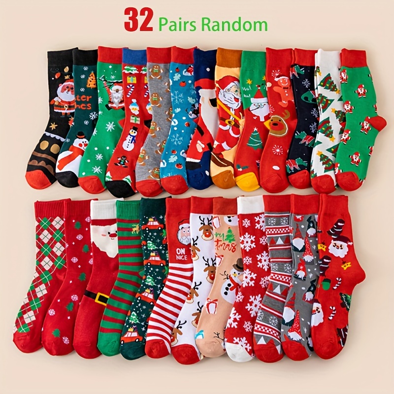 

32 Pairs Unisex Christmas , Santa, , And Stripes, Comfortable Mid- Length, , Washable, For