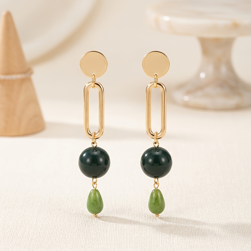 Women's Long Pendant Earrings with Dark Green Bead and Chain