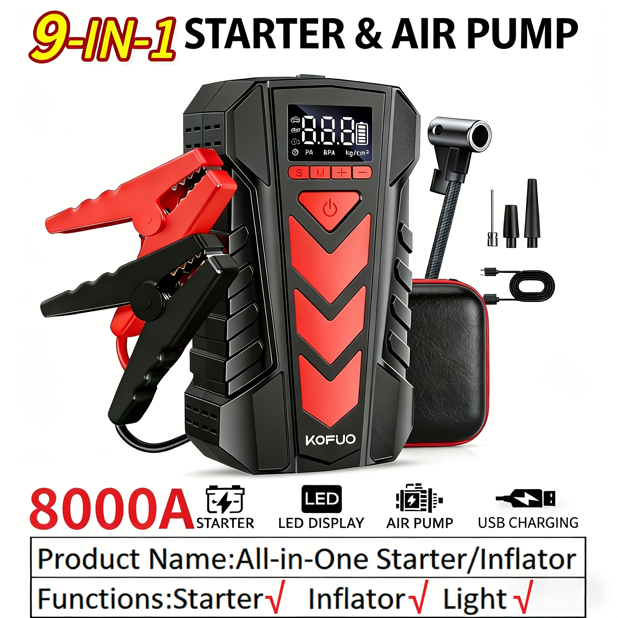 Image of Kopuo 8000a 12v Car Booster Jump Box, Portable 150psi Air Compressor Tire Inflator, Led Flashlight Sos Strobe Power Bank, For 9l Gas/8l , Cars Suv Trucks Motorcycles Emergency Roadside Kit