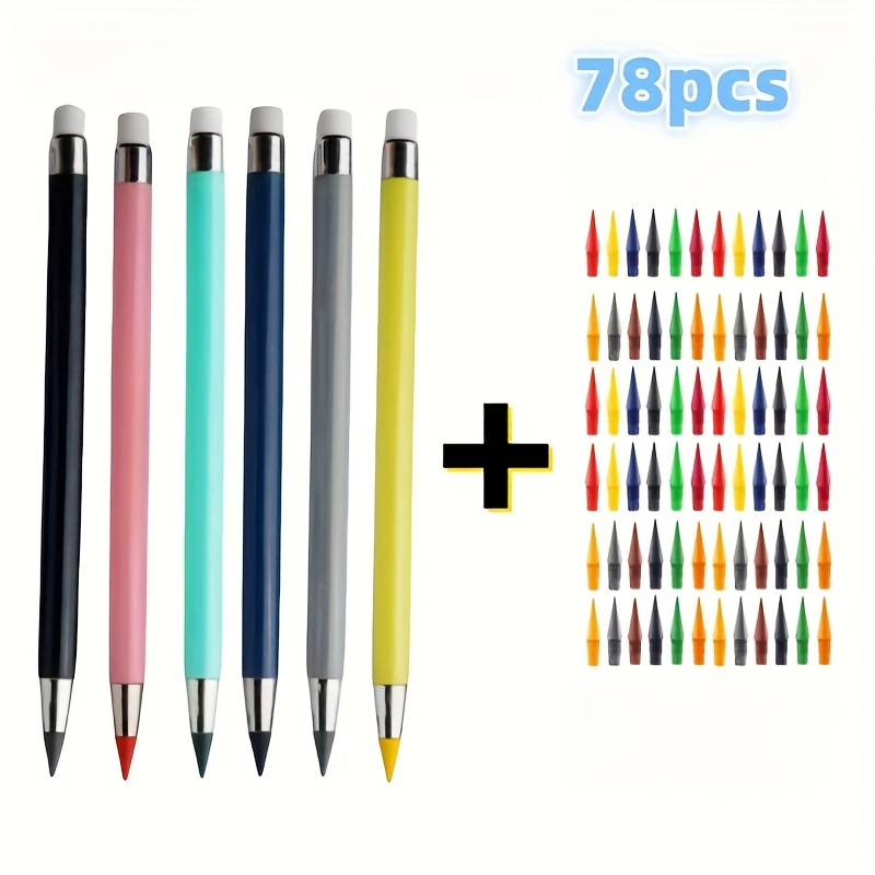 TEMU 6 Pens + 72 Colored Lead Tips, Pencils With Built-in Erasers, Permanent Pencils, Hb Pencils, Colored Pencils, Suitable For Professional Drawing