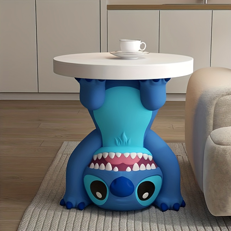Stitch-Themed Coffee Table - Cute Blue Creature Design with White Cup And Saucer, Durable Plastic Edge, No Assembly Required, Perfect for Living Room Or Bedroom