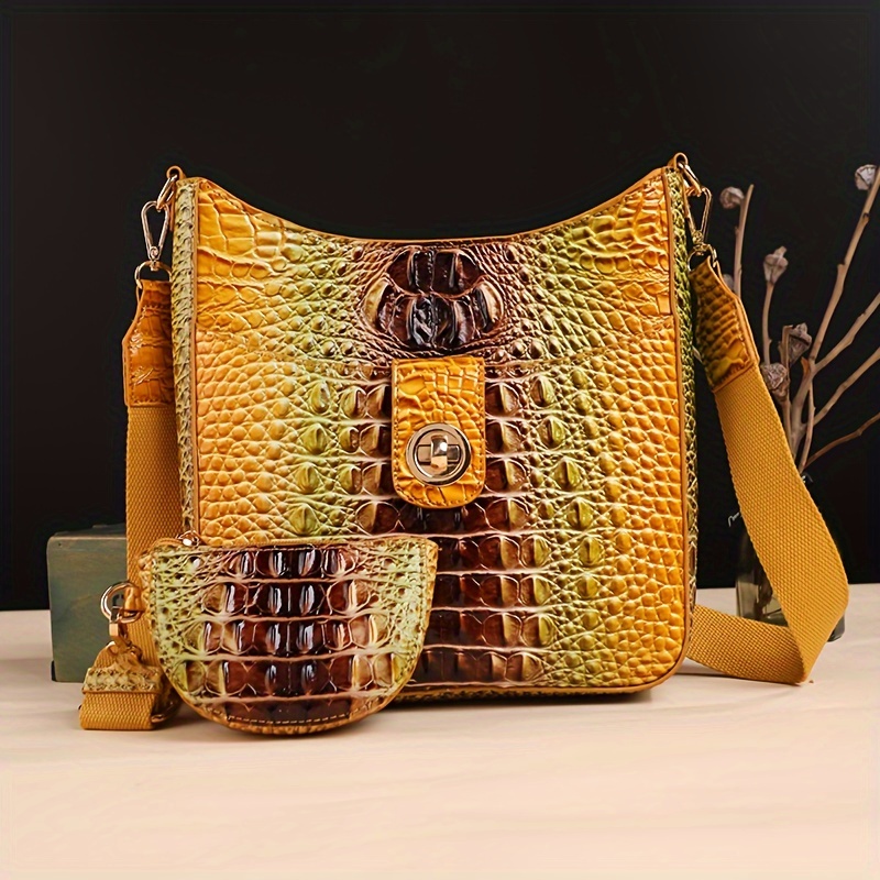 TEMU Fashionable Crocodile Texture Crossbody Bag - High-end Bucket & Coin Purse Design - Versatile Shoulder Bag For