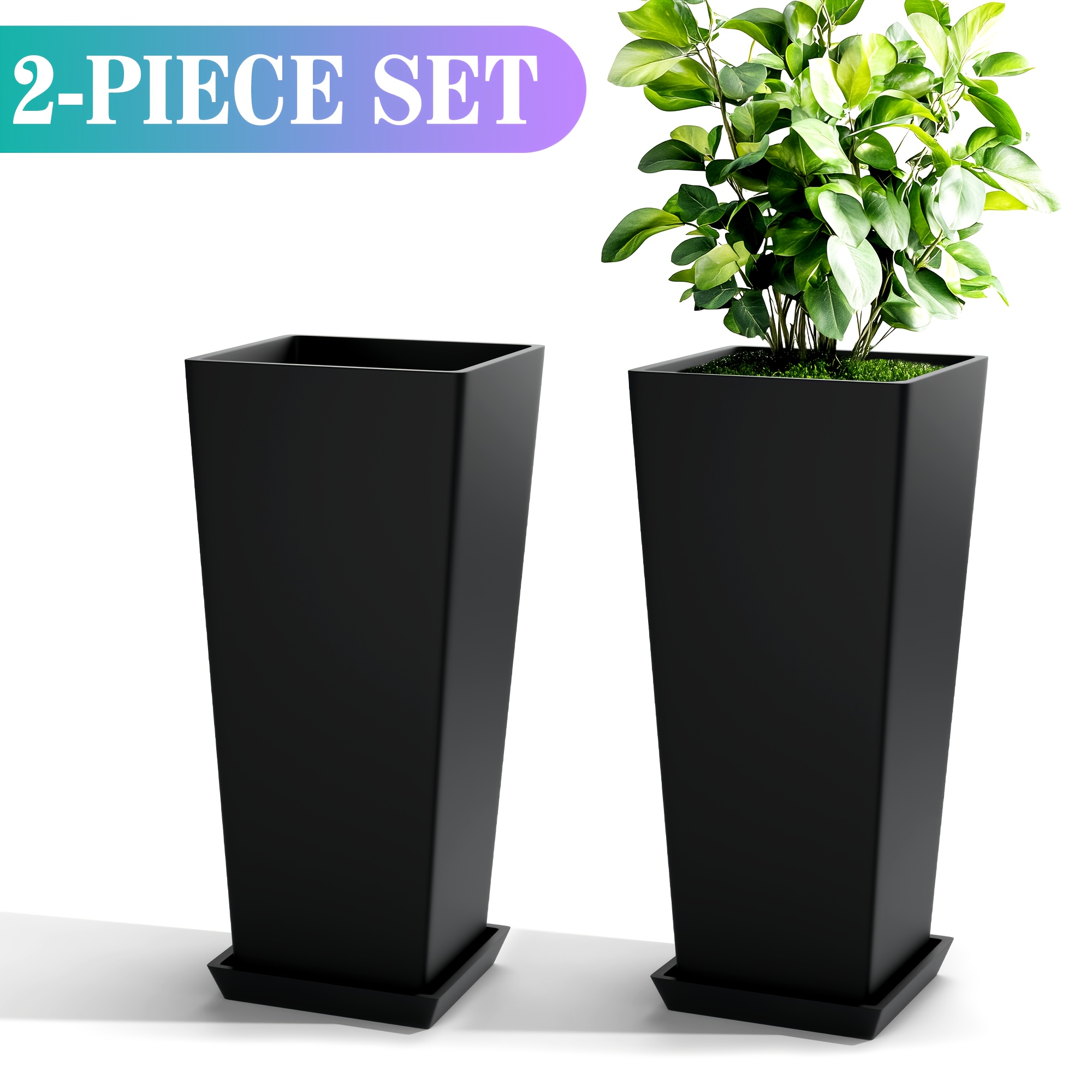 

Set Of 2 Tall Outdoor Planters 24 Inch, Large Planters For Indoor Outdoor Plants, Tapered Square Flower Pots For Trees Flowers With Tray For Patio Garden, Black