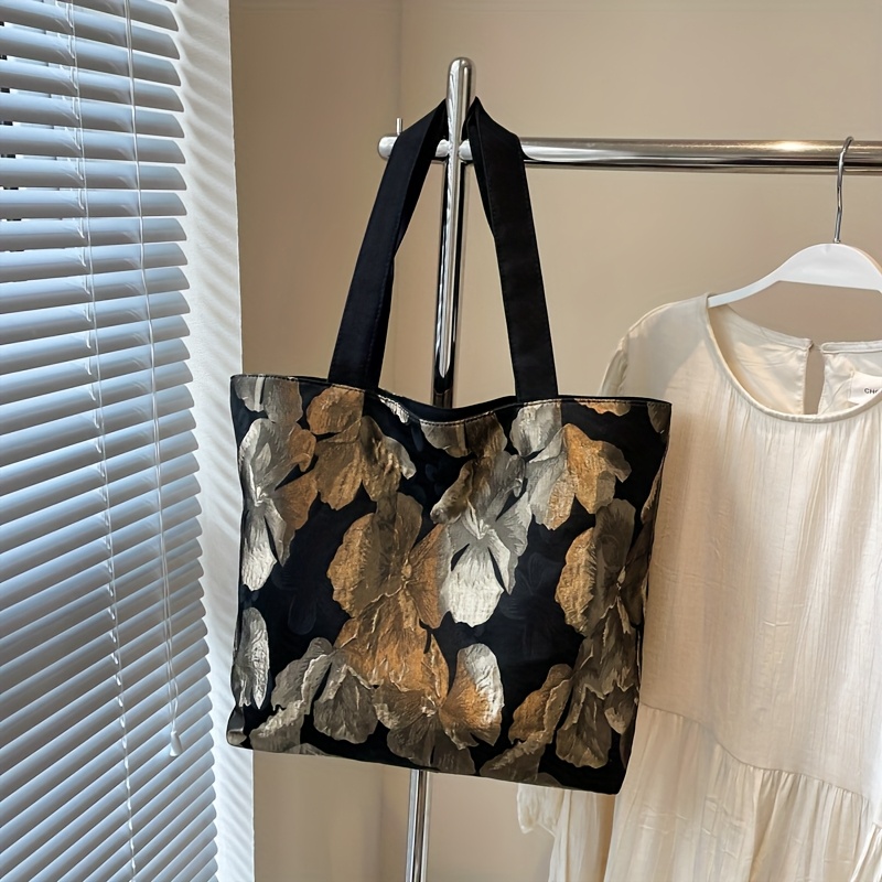 TEMU Vintage Floral Tote Bag For Women - Large Capacity Convertible Shoulder Bag With Pattern, Zipper Closure & Side Pockets, Durable Fabric For