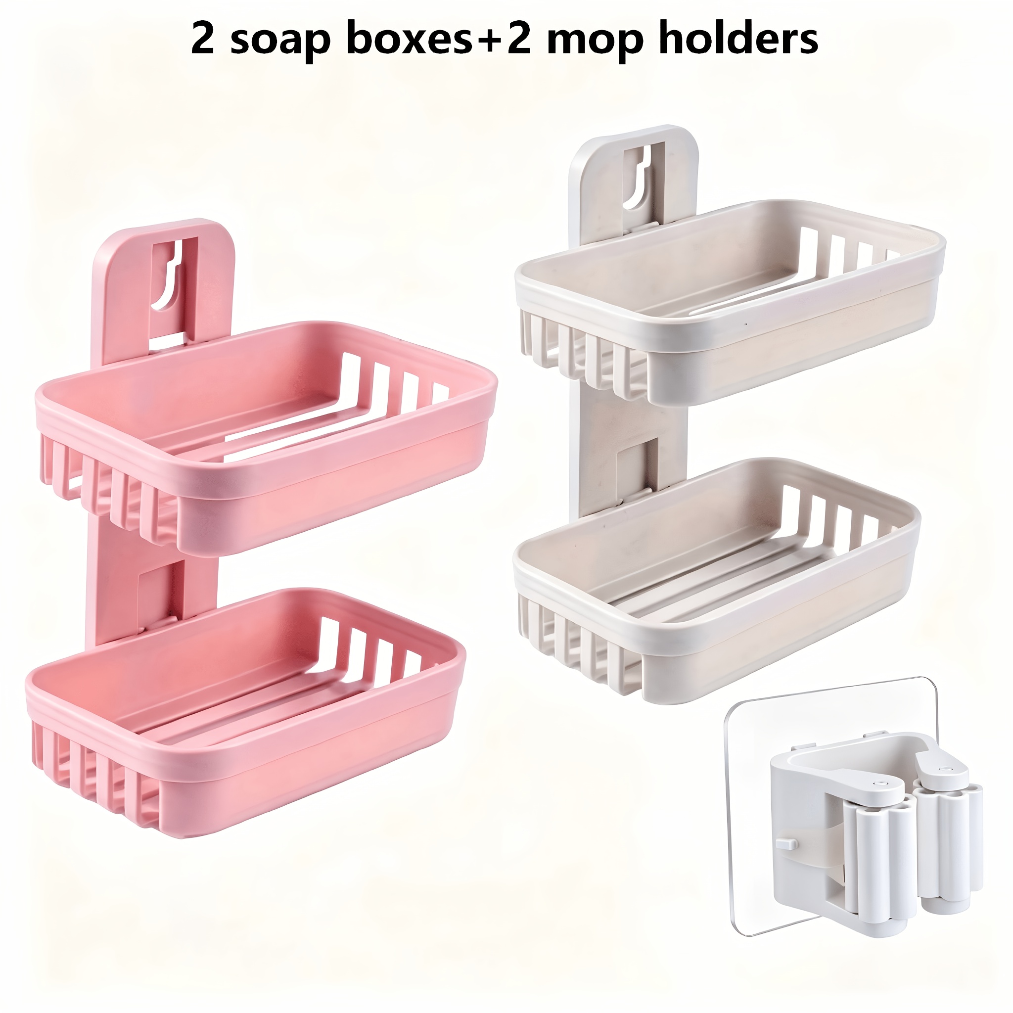 TEMU 4pcs Combo Set (2pcs Soap Box, Bathroom Layer Soap Drain Box, Wall Mounted, Household Bathroom Wall Soap Storage Rack+2pcs White Mop Rack)
