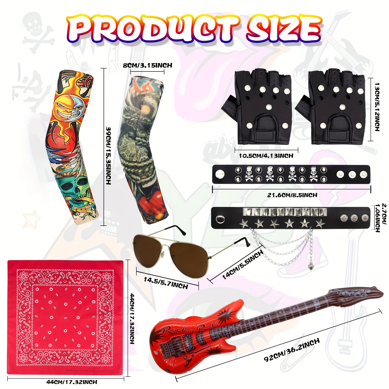 80er/90er Gothic Rocker Kostüm-Set – Mit Sonnenbrille, Goldkette, Tattoo-Ärmeln, Aufblasbarer Gitarre & Mehr