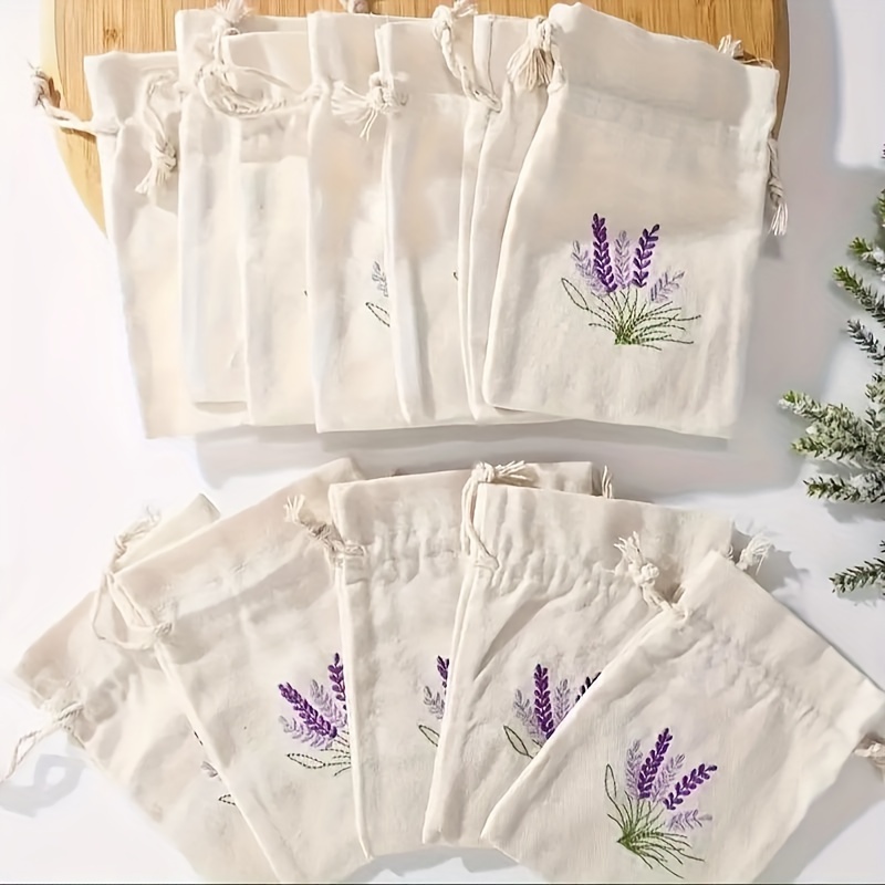 

6pcs/set, Lavender Embroidery Canvas Bag, Compact Drawstring Pocket For Baking Jewelry Jewelry Storage, Wedding Party Gift Bags