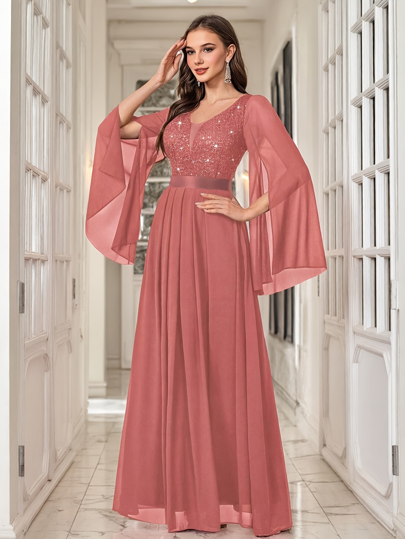 white long sleeve midi dress formal White Wide V Neck Long Sleeve Maxi Dress – shopaleena