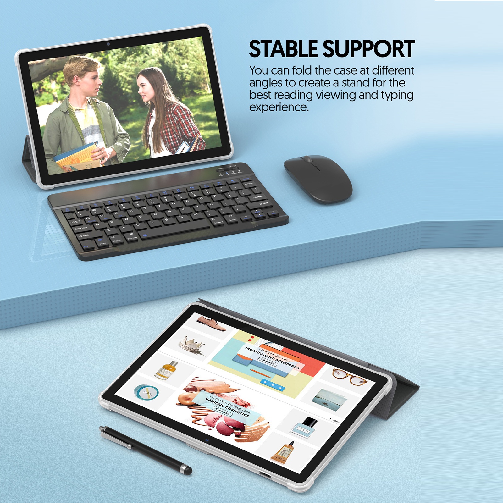 10-inch Android 15 tablet with keyboard, mouse, stylus and protective case, 12GB (3g+9g) RAM, 64GB storage, WiFi, 2MP+8MP camera, expandable to 1TB SD card, 6000mAh large-capacity battery