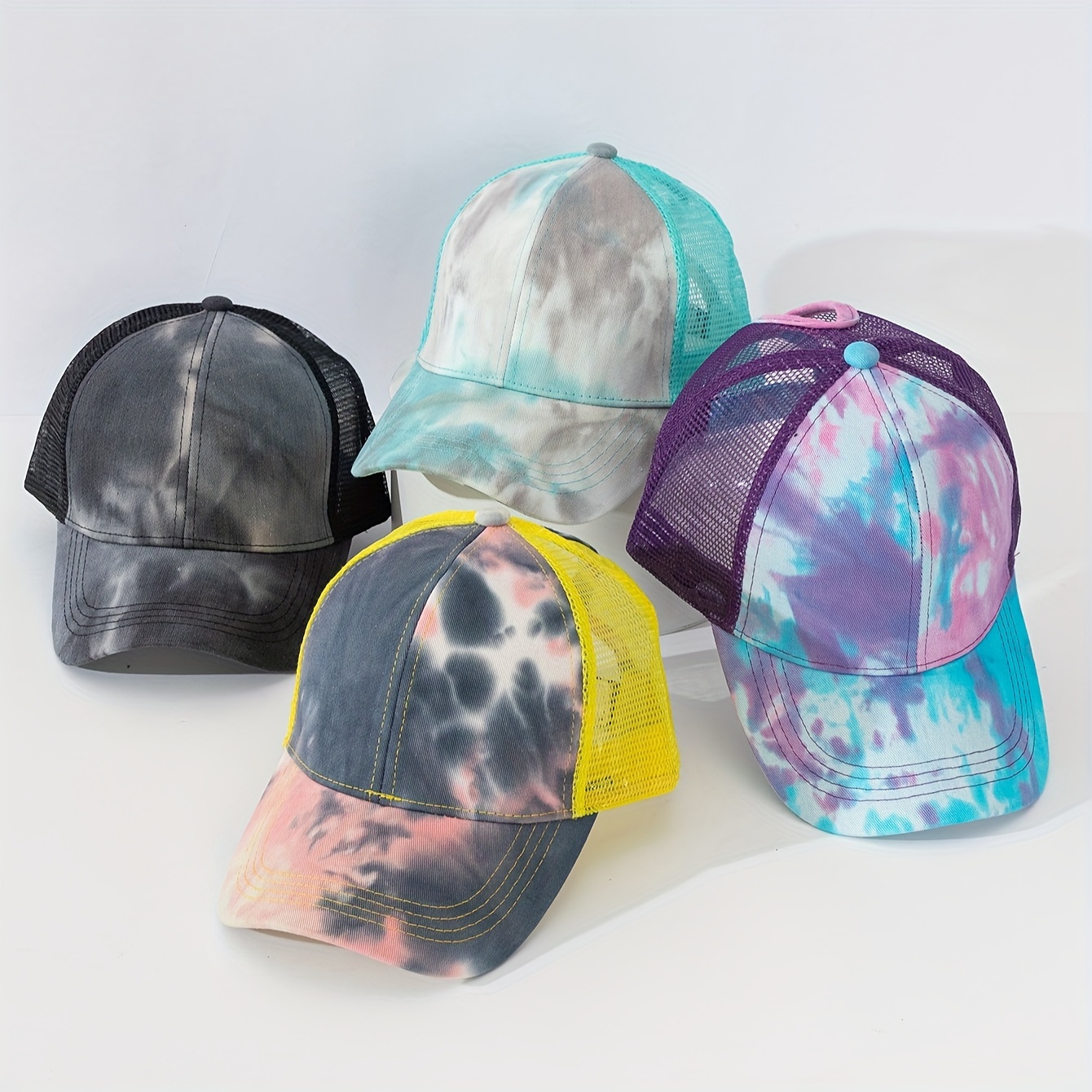 

Women's Tie-dye Baseball Cap, Breathable Mesh Back Trucker Hat With Ponytail Hole, Adjustable Dad Hats For Daily Wear, Travel, Sports