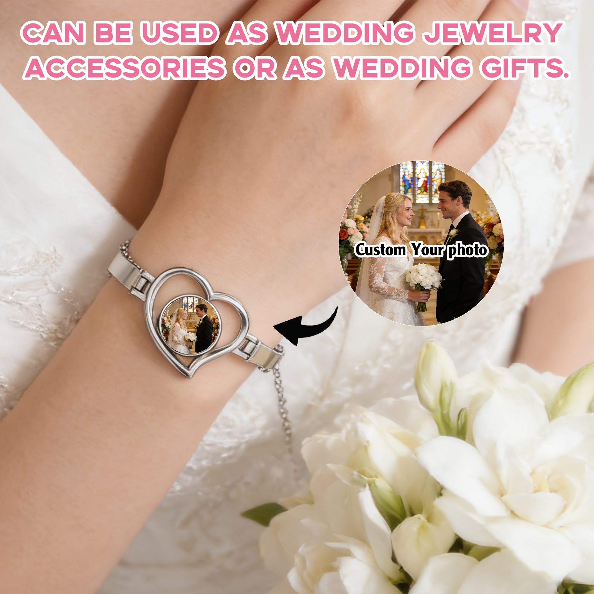 Custom Photo Heart-Shaped Bracelet, Personalized Gift for Her