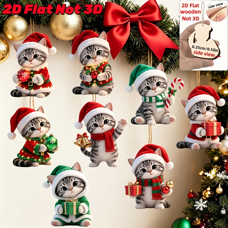 TEMU Plat 2D, Plat 2D - Lot de 8 pièces d'ornements en bois de petits chats gris mignons dans diverses tenues de Noël - Plan 2D, non 3D | , en bois |