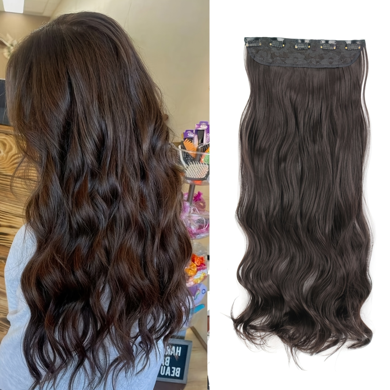 TEMU Clip In Hair Extensions Dark Brown Long Curly Heat Resistant Fiber Synthetic Hairpiece For Women Use