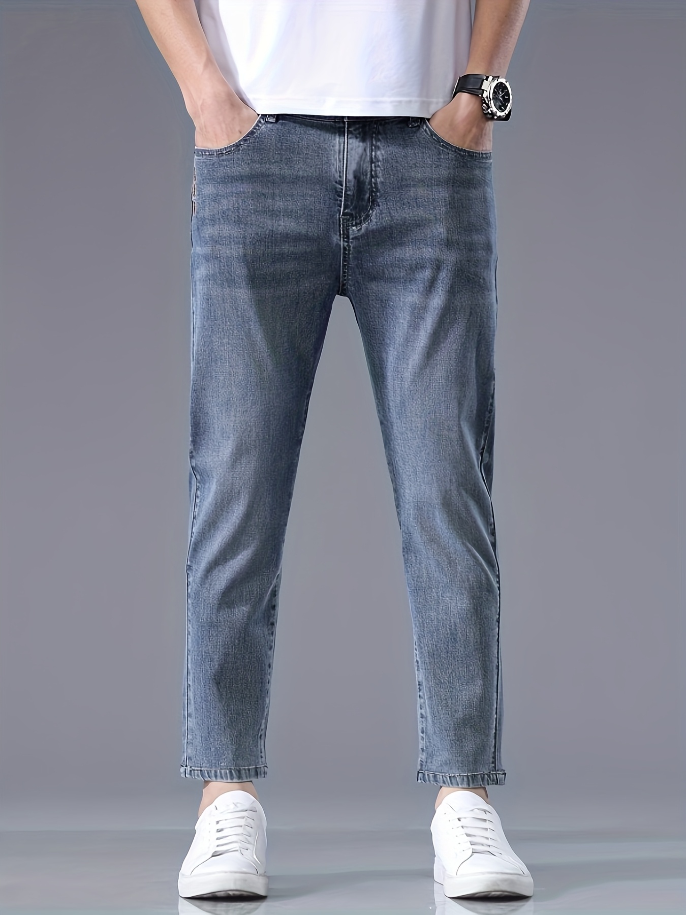 Men's Slim-fit Cropped Jeans, Distressed Denim, Classic Wash Process, Stretch Comfortable Fabric, Casual Pants, Versatile Minimalist Fashion Style Suitable for Various Occasions