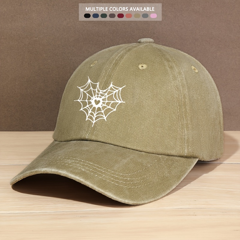 

Cool Hippie Curved Brim Baseball Cap, Heart Shape Spider Web Print Distressed Cotton Trucker Hat, Y2k Snapback Hat For Casual Leisure Outdoor Sports