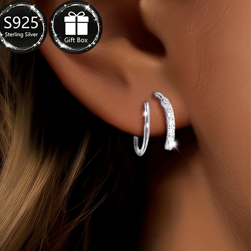 

2pcs Elegant S925 Sterling Hoop Earrings With Shining Cubic Zirconia, Hypoallergenic, & Thanksgiving, Ideal Valentine's Day Gift, 1g