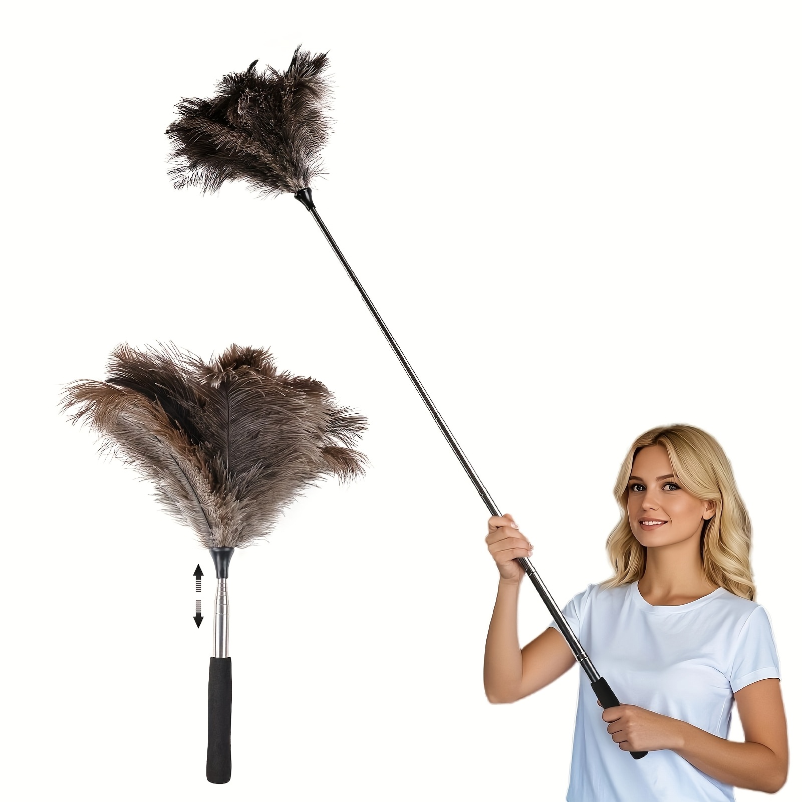 TEMU Plumero ajustable de mango negro de 16.5-47 pulgadas, alcance de 16.5-47 pulgadas, plumas esponjosas, mango largo, plumero reutilizable para