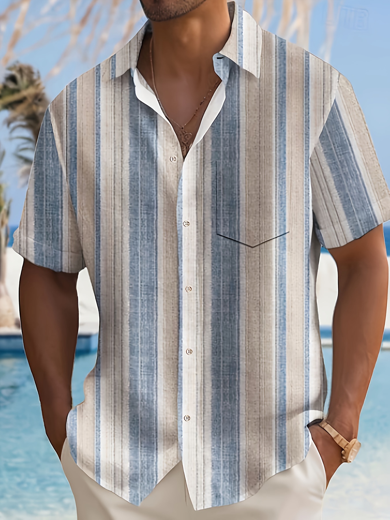 Men'S Casual Striped Short Sleeve Button-Up Shirt - Light Blue & White Vertical Stripes, Collar, Regular Fit Summer Casual Wear, Short Sleeve Button Blouses, PLUS SIZE