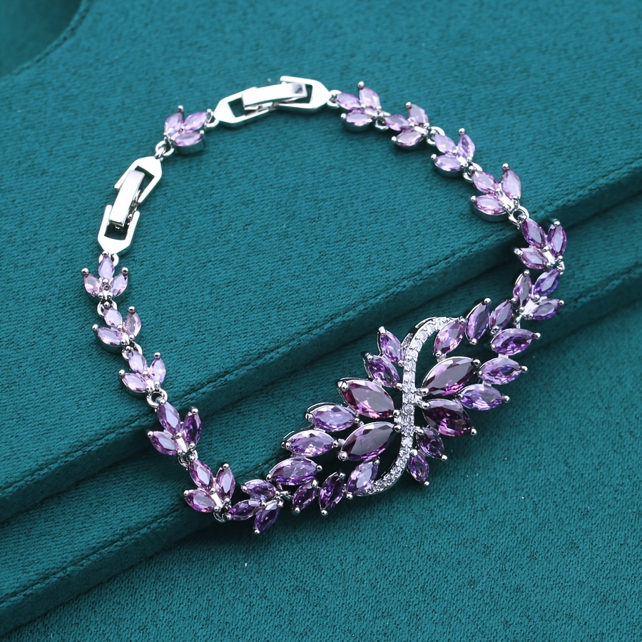 

Platinum-plated Copper Bracelet With Purple Synthetic Cubic Zirconia, Ideal For & Weddings, Perfect Gift For Valentine's Day And Anniversary - Elegant Women's Summer Jewelry