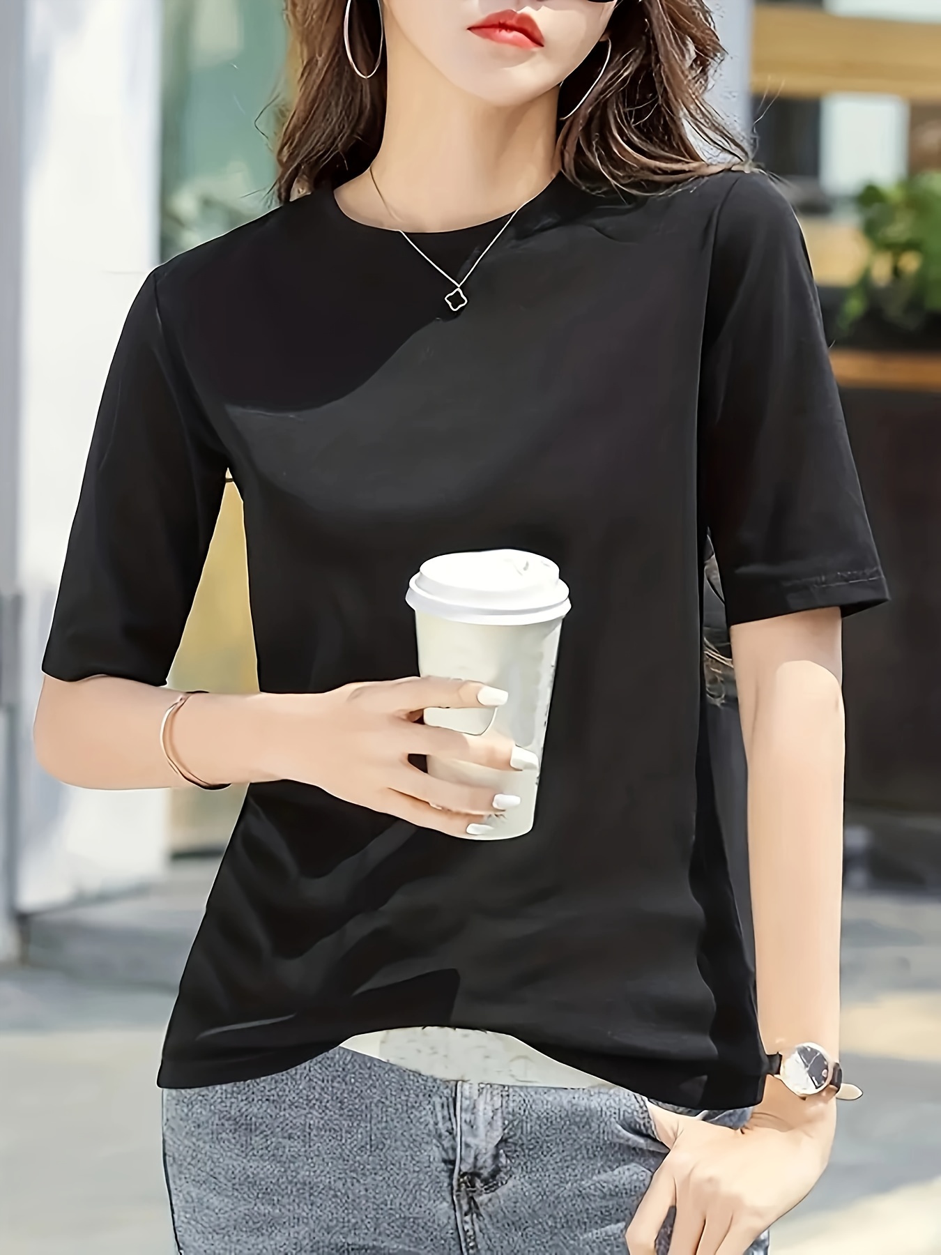 Women's Stretchy Slim-Fit Mid-Sleeve T-Shirt - Lightweight Round Neck Casual Top, Solid Color All-Season Layering Essential, Machine Washable, Versatile Clothing, Sensual Fit Tee, Easycare Material