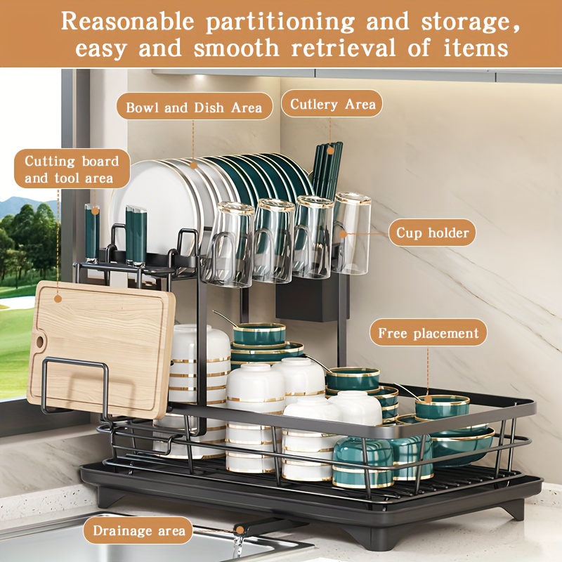 Double Tier Large Metal And Carbon Steel Cutlery Rack for Kitchen Countertop, Space Saving And Durable, with Knife, Fork And Cup Holders And Draining Board, Rustproof Large Two Tier Metal Cutlery Rack, Make The Kitchen More Concise And Organized. 2 Double Tier Large Metal And Carbon Steel Cutlery Rack for Kitchen Countertop, Space Saving And Durable, with Knife, Fork And Cup Holders And Draining Board, Rustproof Large Two Tier Metal Cutlery Rack, Make The Kitchen More Concise And Organized. - Image 2