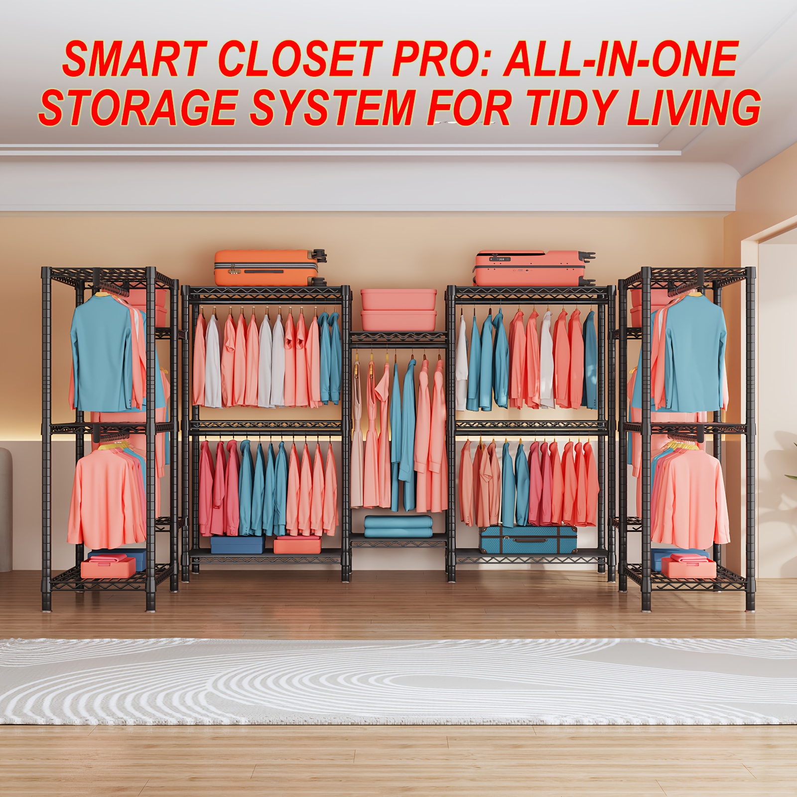 Heavy Duty Garment Rack Closet Organizer, 8 Shelves & 5 Hanging Rods, Rustproof , 900 Lbs Load, Holds 200+ Clothes, Freestanding Portable Wardrobe For Bedroom Garage Retail 77x75x17.8in
