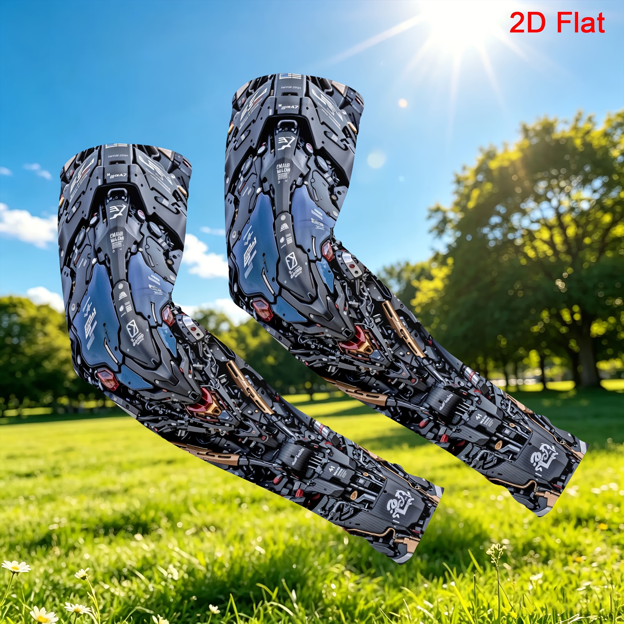 TEMU 2d Flat 1 Pair Black Golden Mecha Compression Arm Sleeves Ice Arm Sleeves Unisex, Cooling And Breathable Arm Sleeves For Men And Women, Perfect