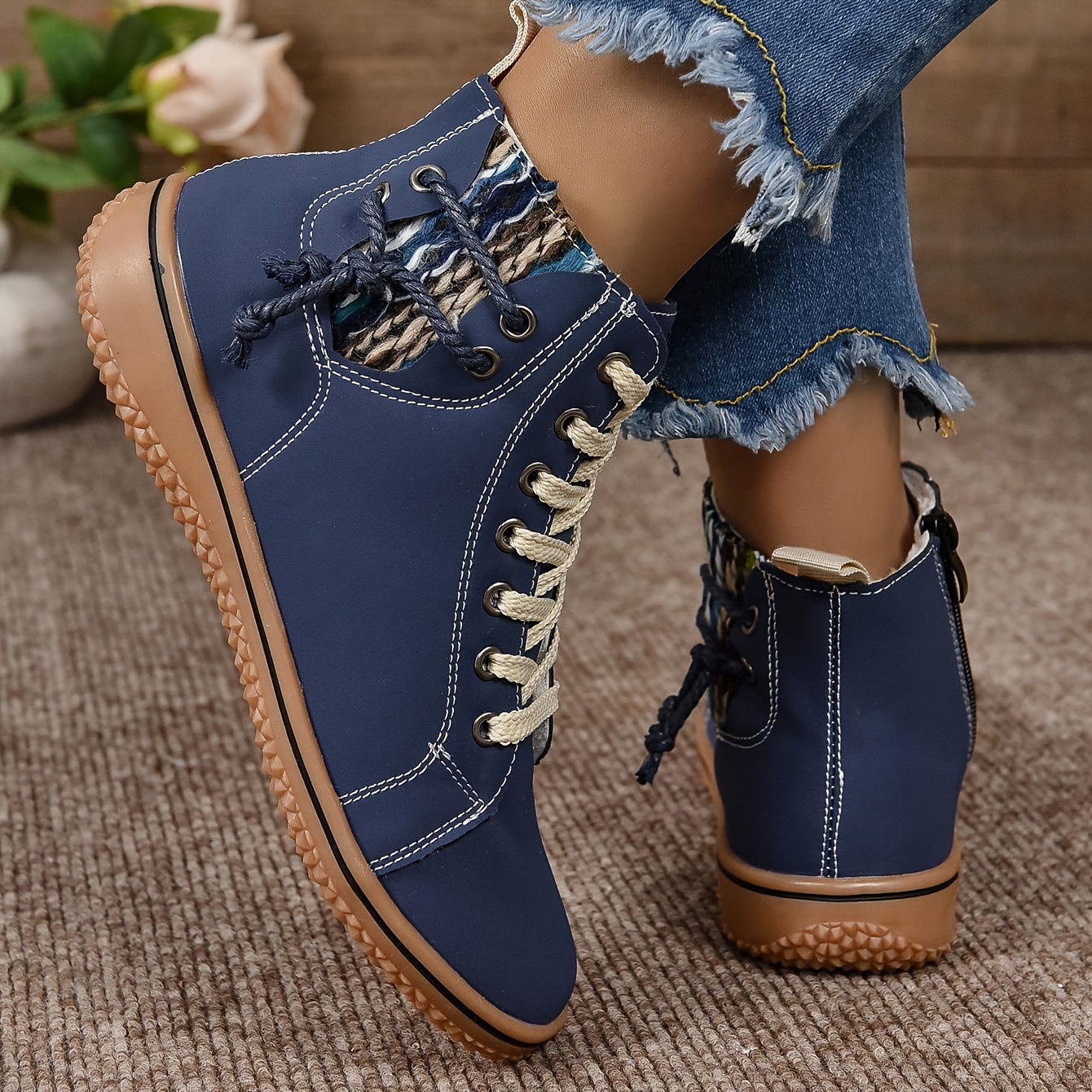 Women'S Plus Size Casual Ankle Boots Royal Blue Lace-Up with White Sole,  Flat Heel, Round Toe Cover Upper Fabric Lining for Fall/Winter Fashio