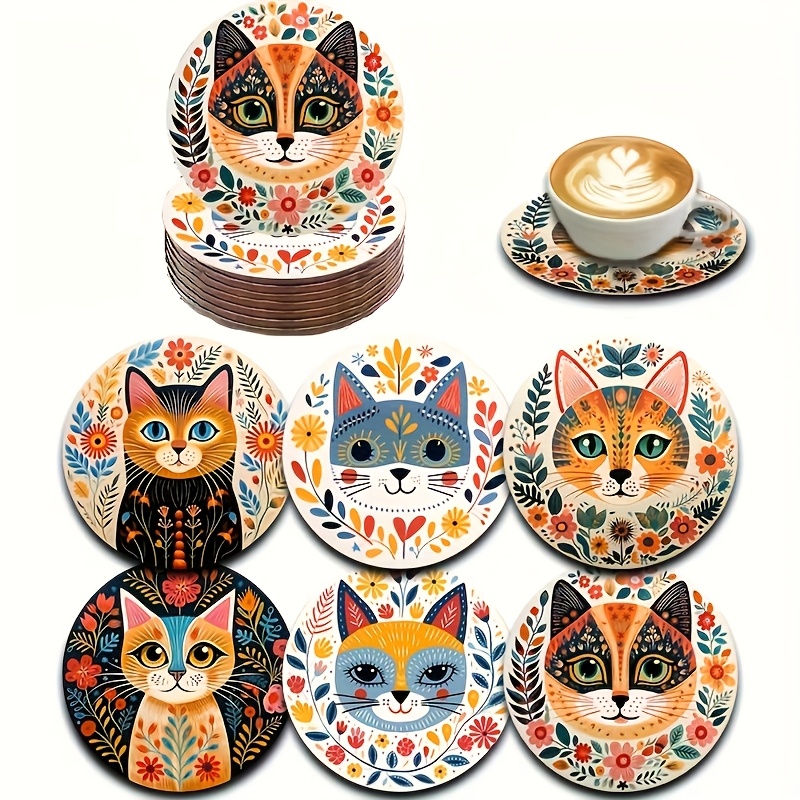 

6-pack Bohemian Cat Wooden Coasters, Decorative Cup Mats For Coffee, Tea, Drinks - Ideal For Home, Restaurant, Housewarming - Perfect Gift , Friends