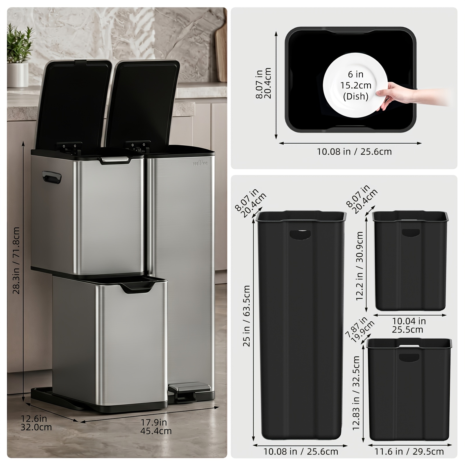 Mvm 60 L/16 Gal 3-in-1 Stainless Steel Classified Trash Can Large Capacity Triple Opening Close Deodorant Room Office Home Trash Can (gray)