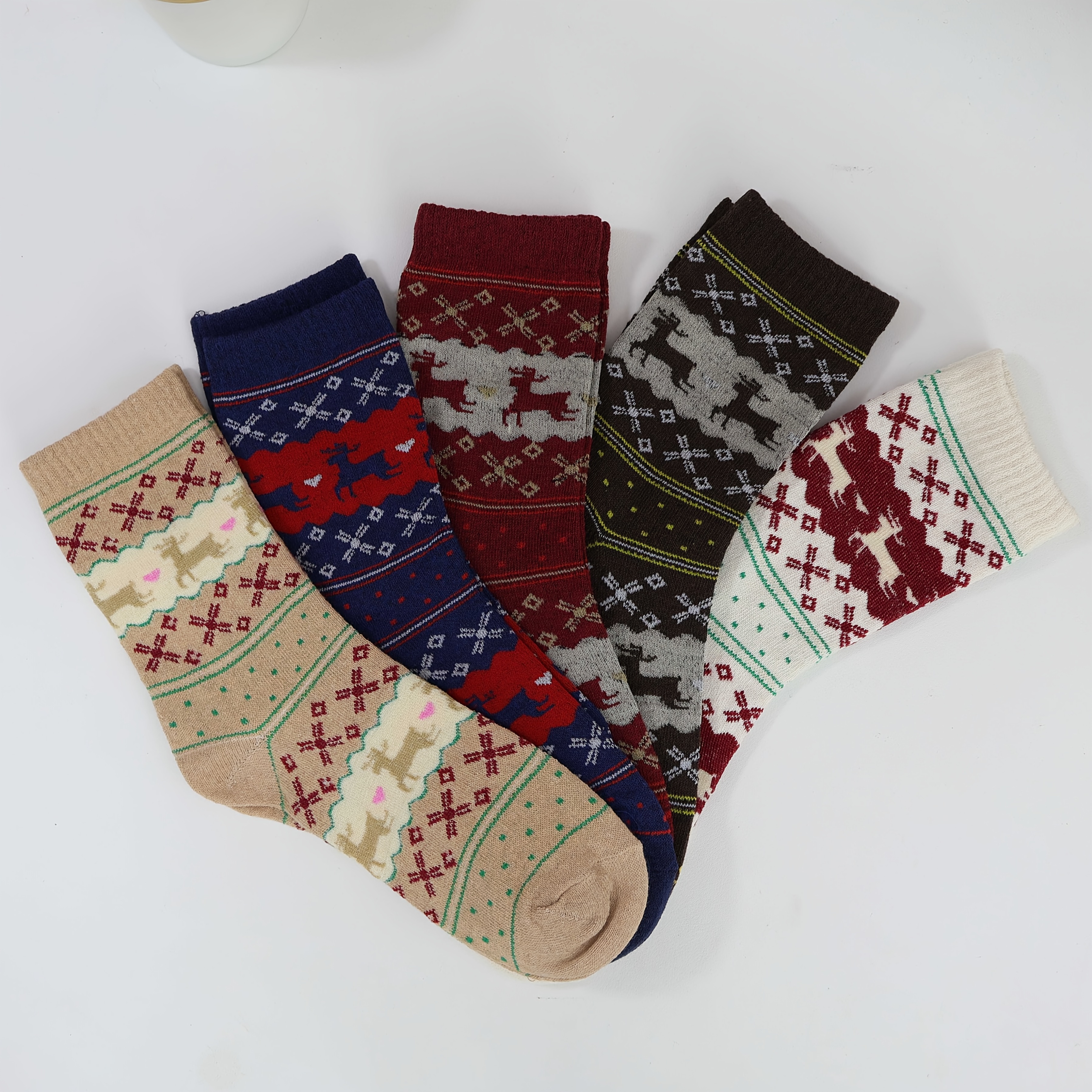 TEMU 5-pair Women's Comfortable Vintage Ethnic Christmas Mid-calf Socks