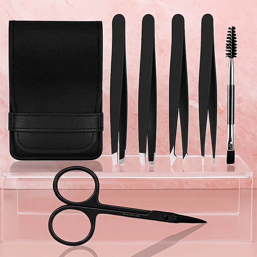 TEMU Set Of 6 Precision Tweezers And Curved Scissors, Stainless Steel Tweezers Designed For Ingrown Hair, Grooming Tools Suitable For Men And Women,