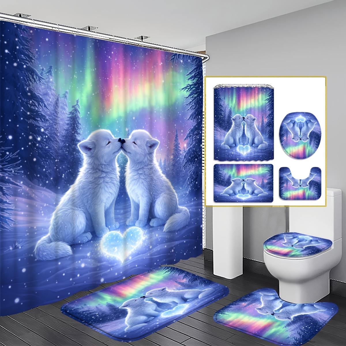 TEMU 4pcs 2d Flat Arctic Wolf Shower Curtain Set, Purple And Blue Aurora Wolf Bathroom Decor, Accessories With Bath Mat, U-shaped Mat, Toilet Lid